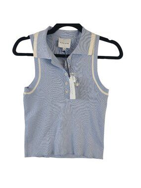 NEW Pink Rose Women's Sleeveless Collared Ribbed Knit Polo Top Blue & Cream Sz M